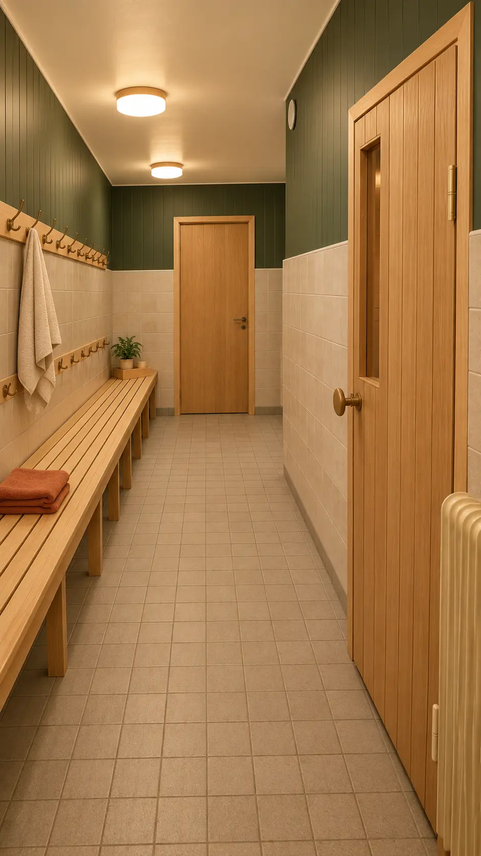 Omklädningsrum i ek och terracotta