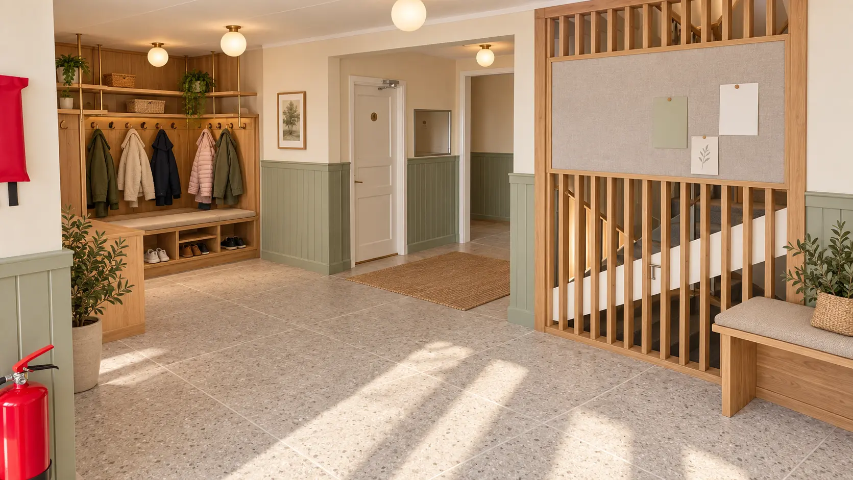 Entré med sittbänkar i varmt trä